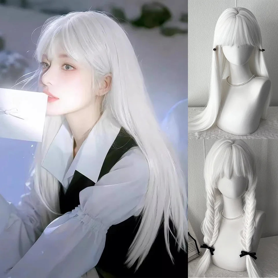 LUPU White Long Straight Wigs for Women with Bangs Natural Looking Synthetic Hair Wig for Halloween Cosplay Daily Use