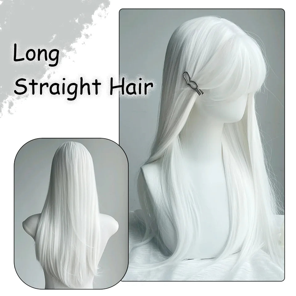 LUPU White Long Straight Wigs for Women with Bangs Natural Looking Synthetic Hair Wig for Halloween Cosplay Daily Use
